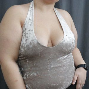 Women Forever 21 Plus Cream Plunge Neckline Crushed Velvet Bodysuit